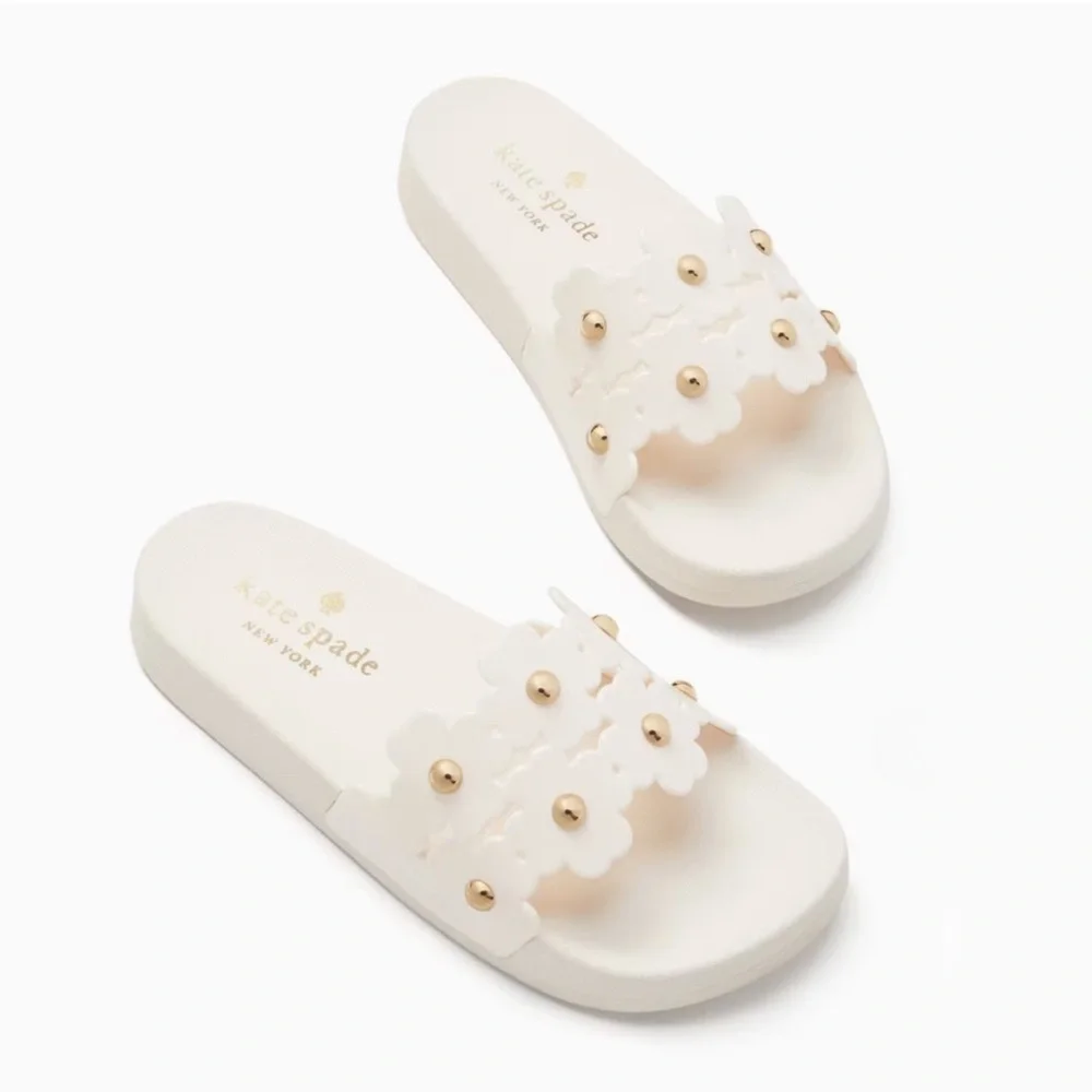 kate spade White Floral Stud Slide Sandals